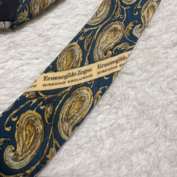 Ermenegildo Zegna Gold Black Paisley Print Silk Linen Necktie - Picture 3 of 7